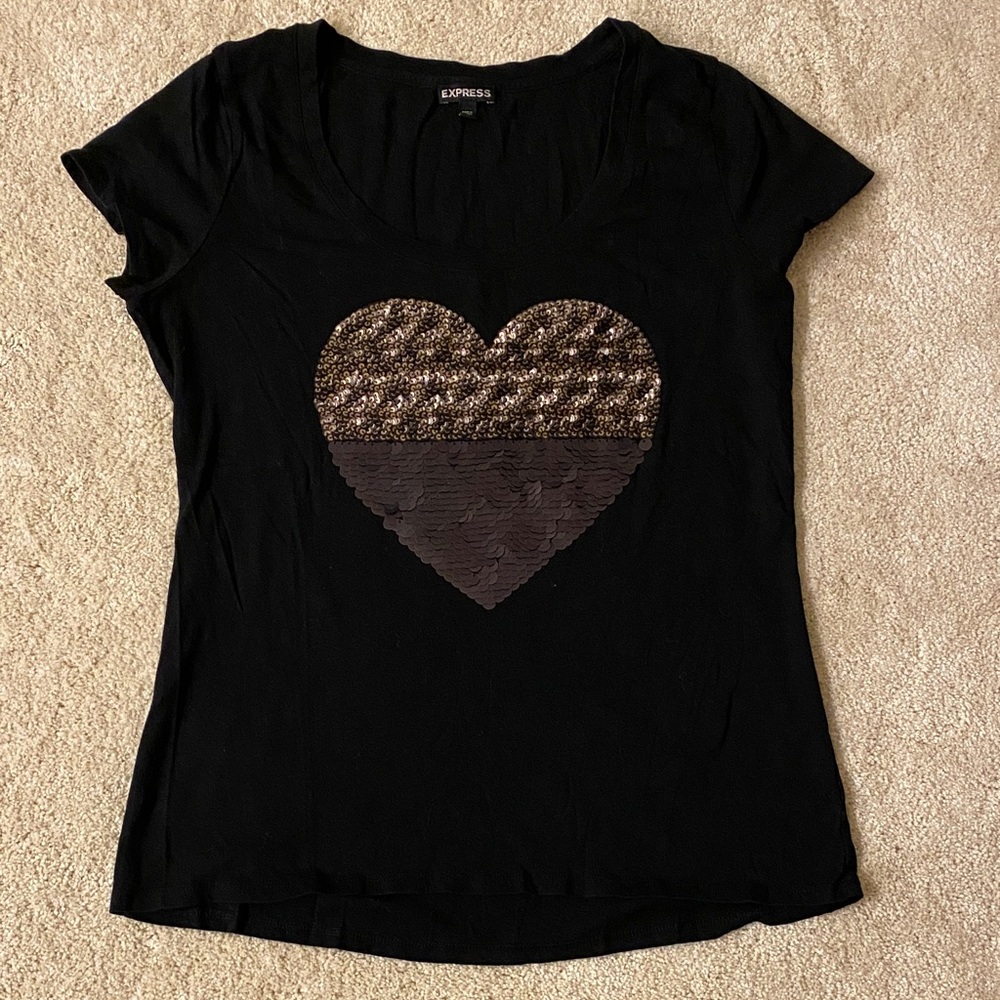 Express Black Top with Sequin Heart Design